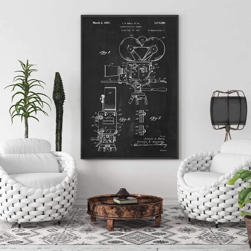 Постер с изображением камеры из фильма винтажный ленточный чертежный черный
