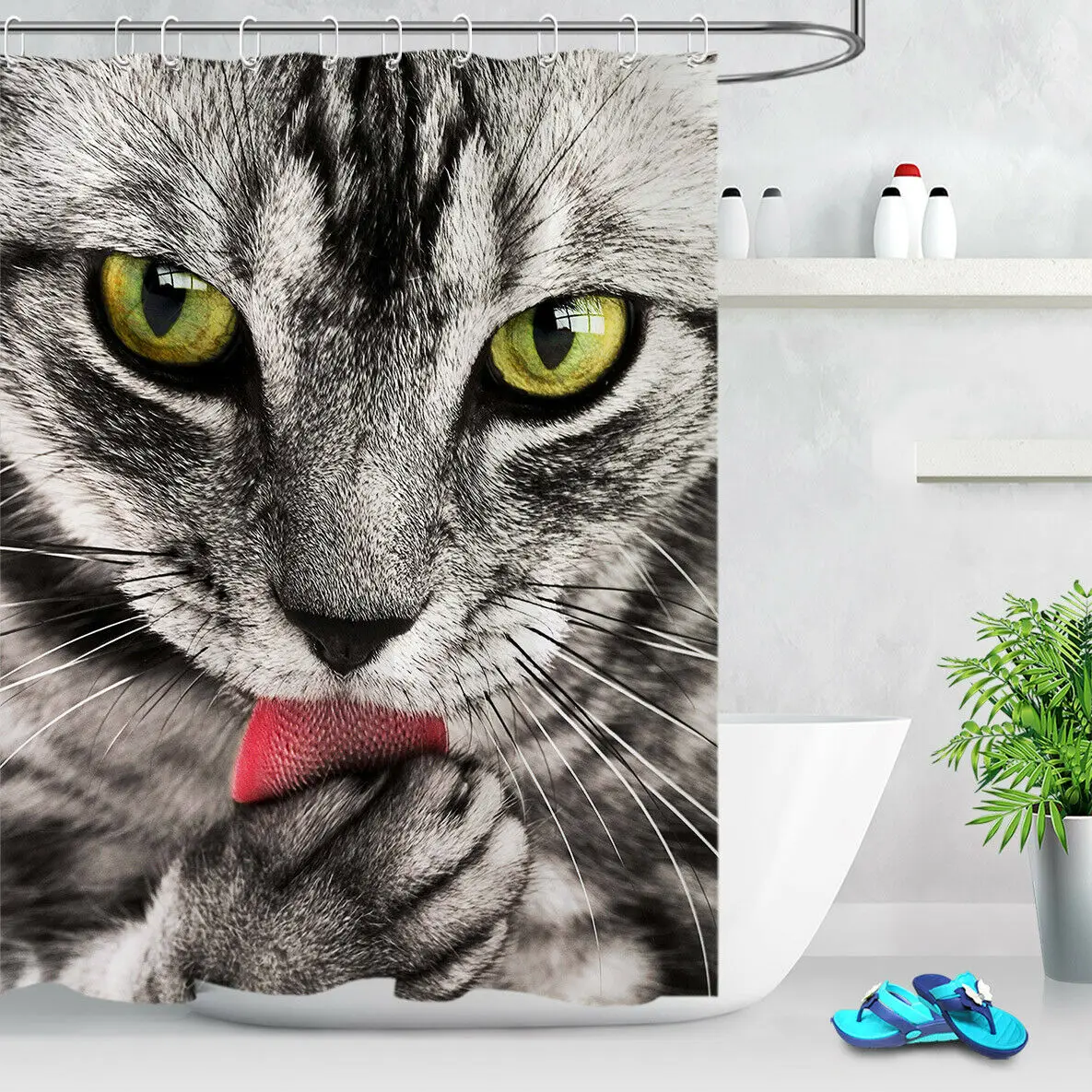 

Cute Grey Cat Shower Curtain Set Waterproof Fabric Bath Accessory Sets