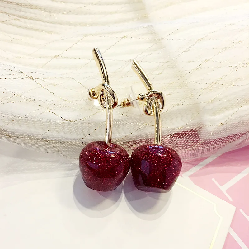 

USTAR Cute Resin Red Cherry Stud Earrings For women girl Gold color Knot female Earring bijoux Fashion Jewelry Gifts