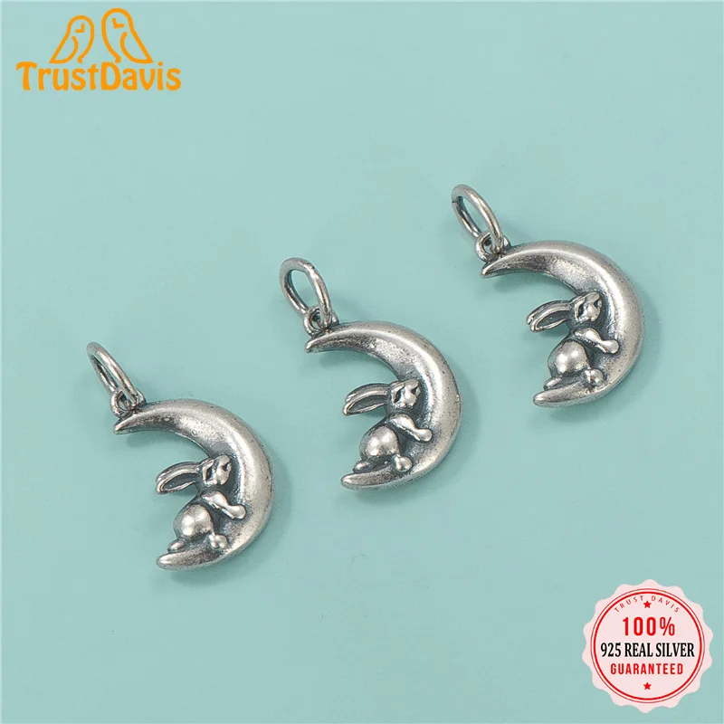 

TrustDavis Real 925 Sterling Silver Fashion Sweet Cute Moon Rabbit Charm Pendant Handmade DIY Accessories Fine Jewelry HY495