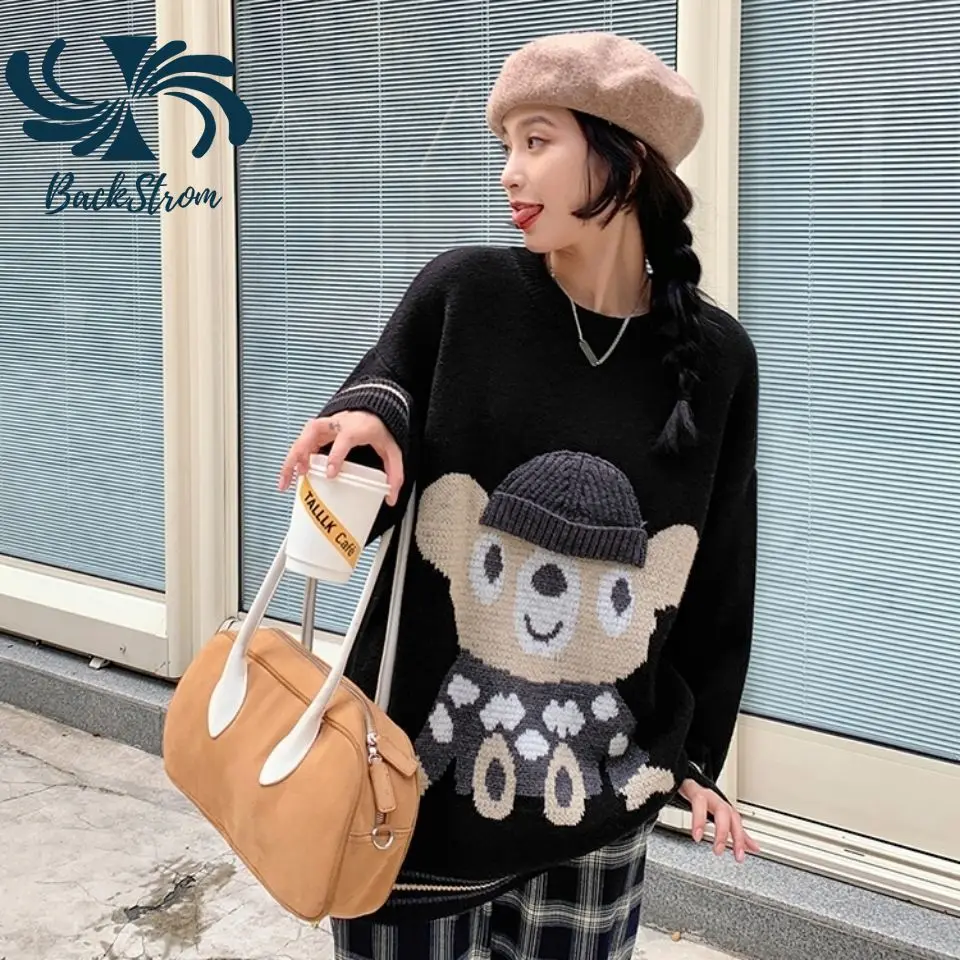 

BACKSTROM Women Fall Blue Bear Loose Chic Pullovers 2021 Winter Korean Knit Tops Students O-Neck Cartoon Jumpers