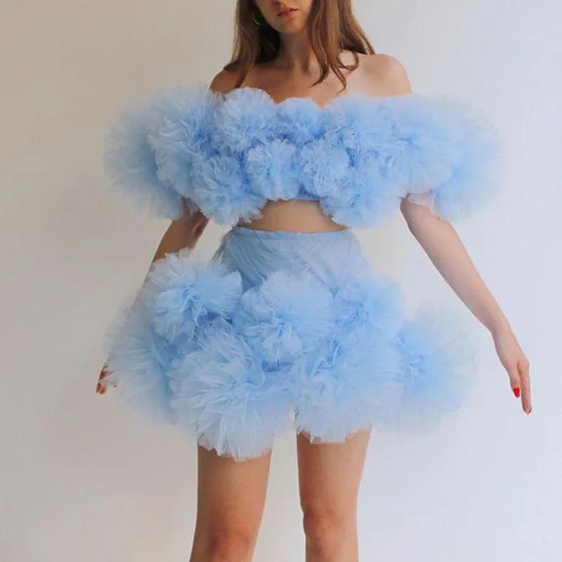 

2021 Sky Blue Mini Tulle Skirt for Women Ruffled Tulle Chic Tutu Skirts Personalized Girls Party Gown Custom Made NO TOP