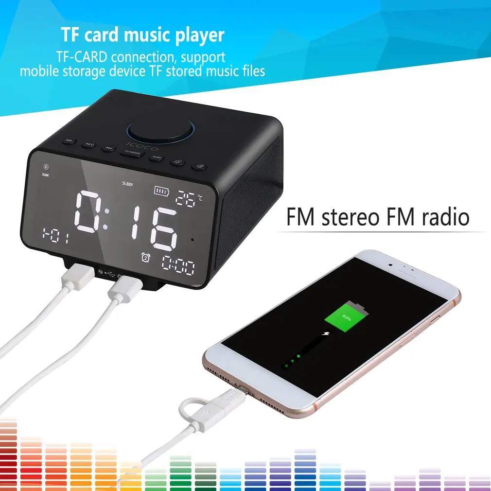 ICOCO цифровой будильник с динамиком fm-радио USB зарядное устройство светодиодный
