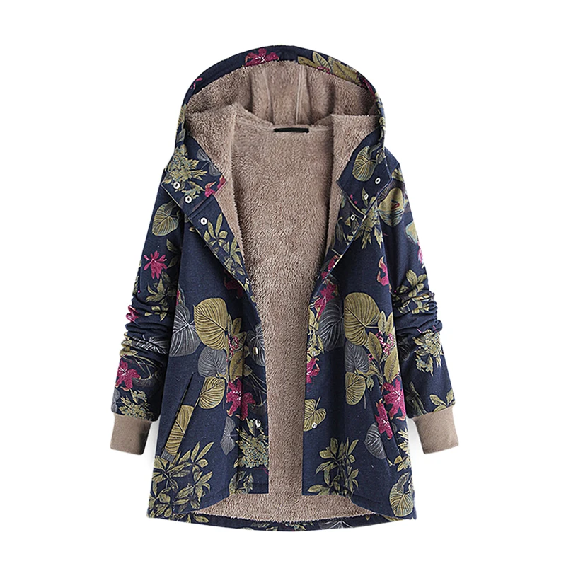 

VICABO Leaves Printed Winter Women Coats Single Breasted Long Sleeve Hooded Outwear Casual Warm Plush Jacket Vintage