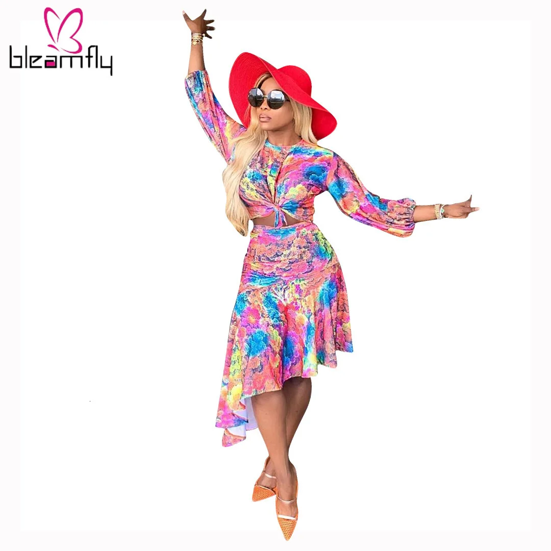 Женский осенний костюм с принтом Галактики длинным рукавом и круглым вырезом топ