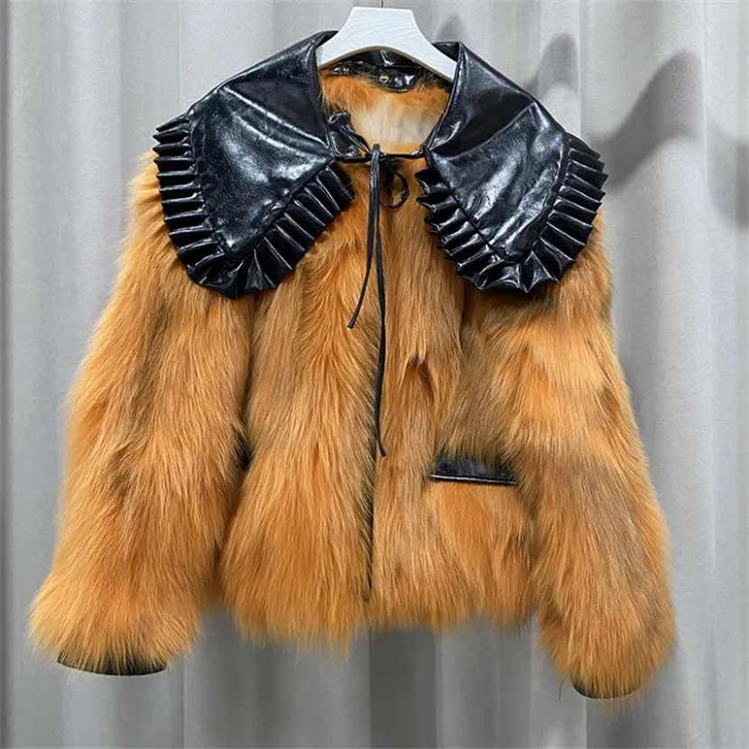 

Женское короткое меховое пальто из цельного натурального Лисьего меха со съемным кожаным воротником и карманами, новинка зимы 2020