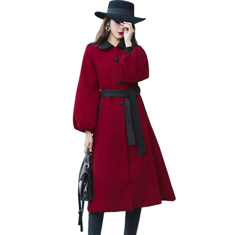 Винтажные длинные шерстяные пальто с рукавами-фонариками куртки Женская