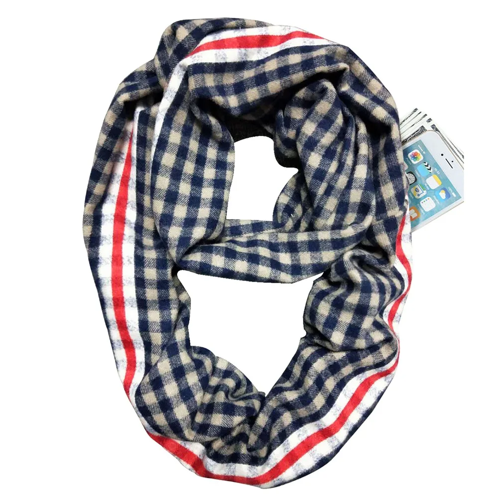 Клетчатый шарф бесконечность обертывание потайной карман с молнией Теплый Женский обертывание с потайной карман с молнией Бесконечность путешествия шарфы Женщины Мужчины