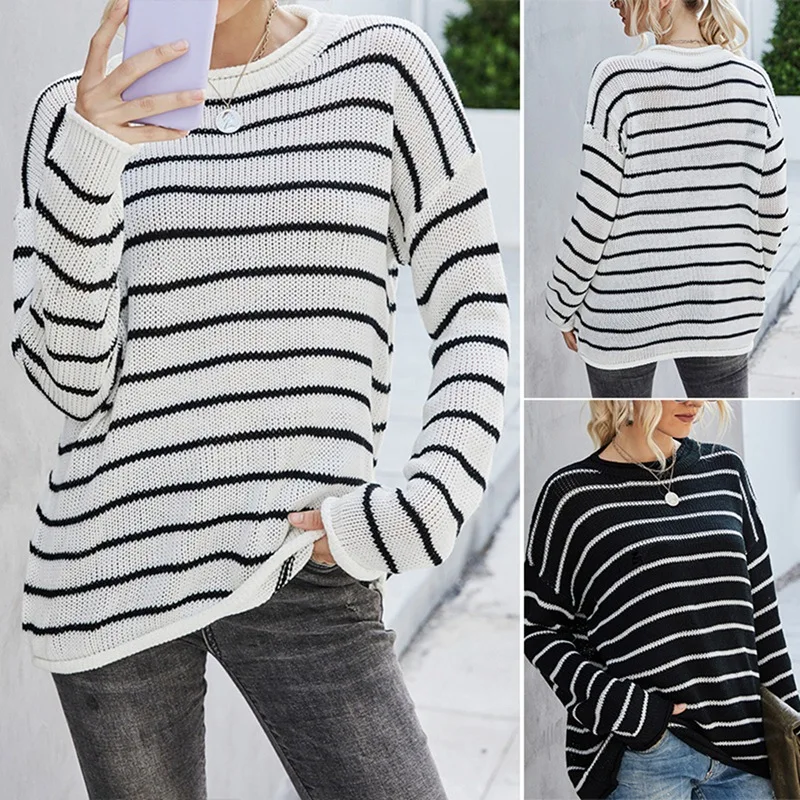 

Женский модный полосатый вязаный пуловер с круглым вырезом