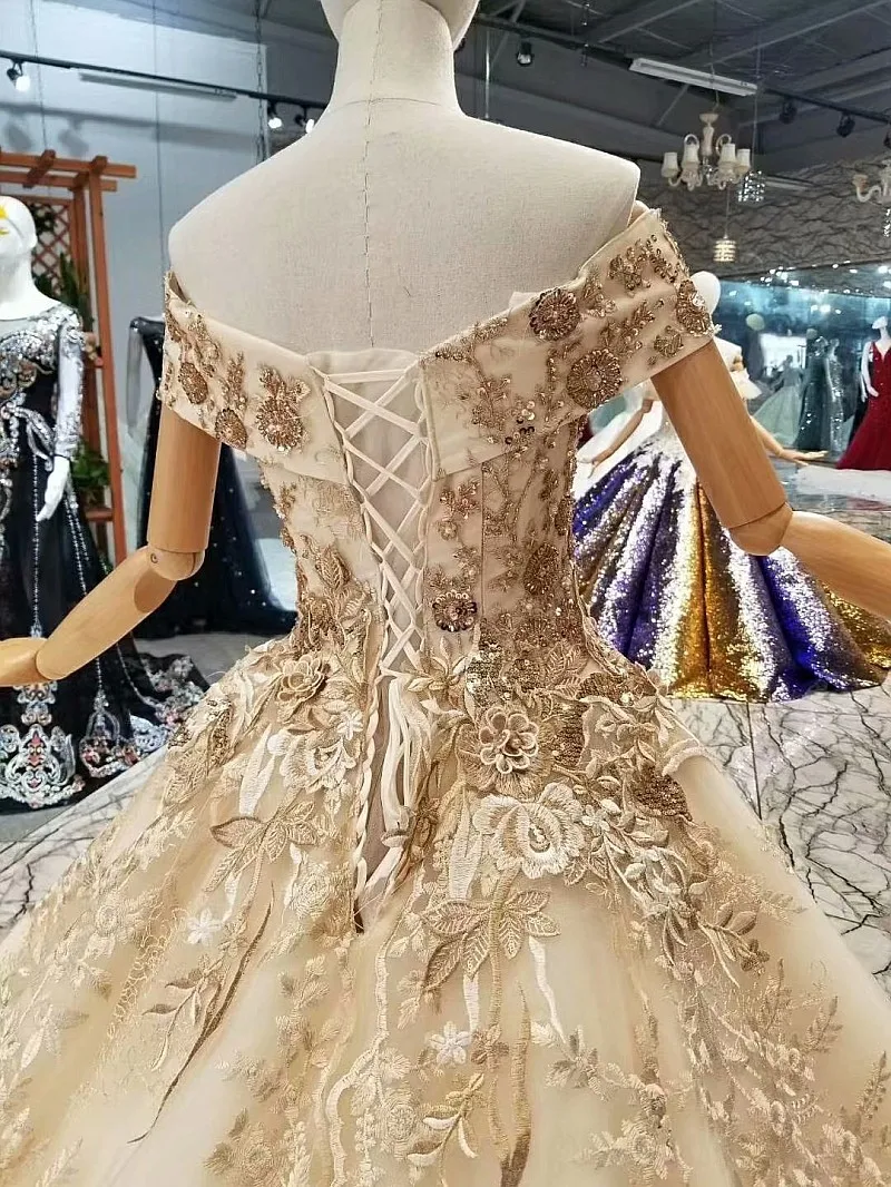 

BGW 31119ht Golden Lace Shiny Long Party Dresses Off Shoulder Sweetheart Bling Evening Dresses With Long Train Quick Shipping