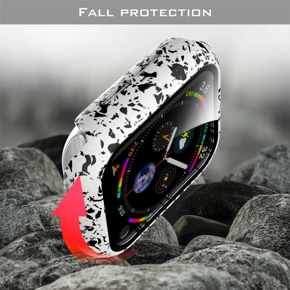 Fashion Pattern PC Hard Screen Protector Case for Apple Watch Cover Series SE 6 5 4 3 with Glass Film 40mm 44mm 38mm 42mm Bumper
