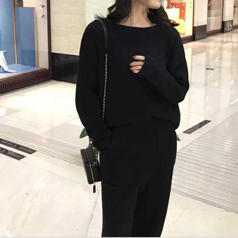 Женский свитер вязаный теплый костюм топ и штаны комплект из двух предметов