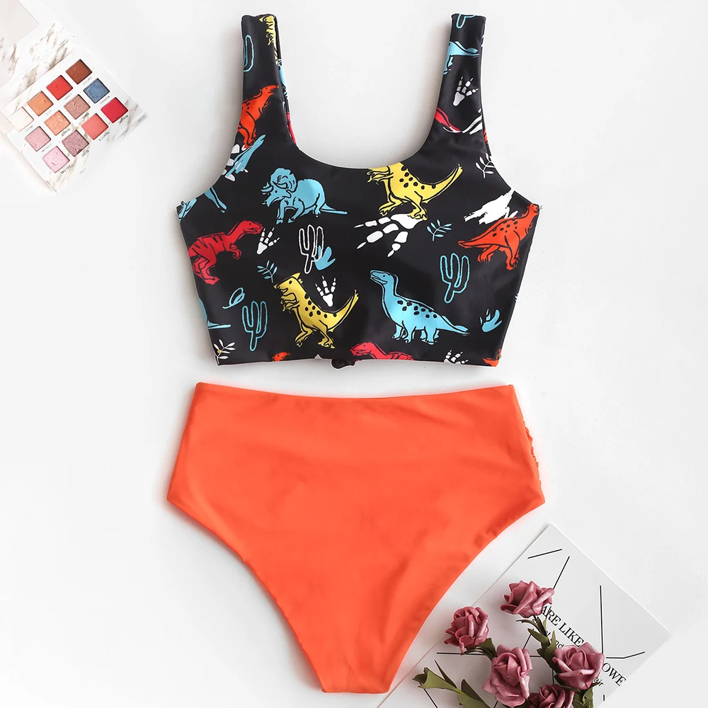 ZAFUL с бантиком принтом &quotдинозавр&quot высокой талией Tankini Купальник Мягкий