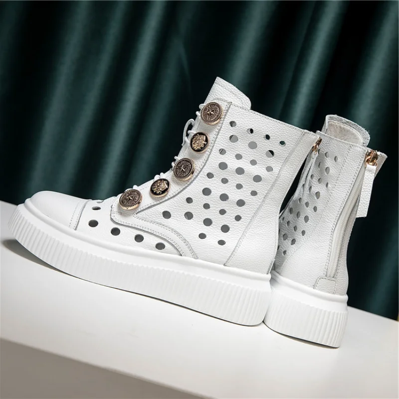 

2021 Women Boots Summer Female Fashion Brand Shoes Leather Mid Calf Lady Button Thick Sole Hollow Breathable Black Platform