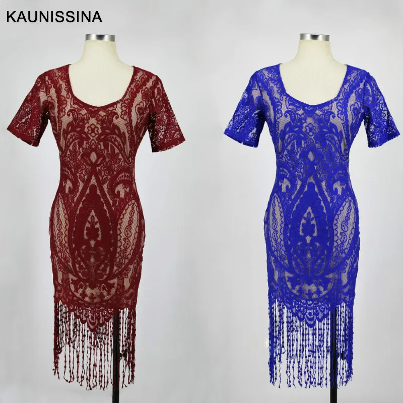 

KAUNISSINA Tassel Cocktail Dress Short Sleeve Pencil Gown Bodycon Club Dresses Ladies Elegant Lace Homecoming Robe