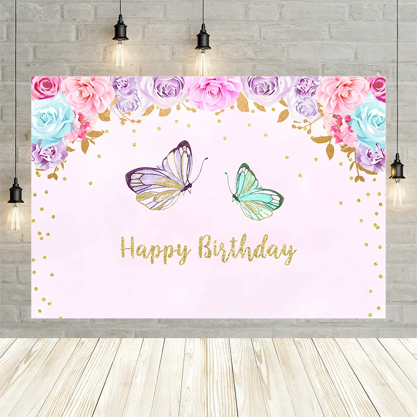 

Avezano Girls Happy Birthday Party Photo Background Princess Pink Flower Butterfly Backdrop Spring Gold Glitter Dots Baby Banner