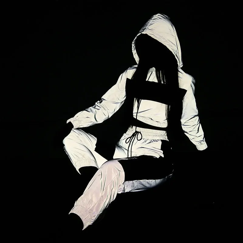 

Fashion Female Loose Jacket Coat Matching Sets Plus Size Hip Hop Reflective 2 Piece Set Women Tracksuit Hoodies Crop Top Pants