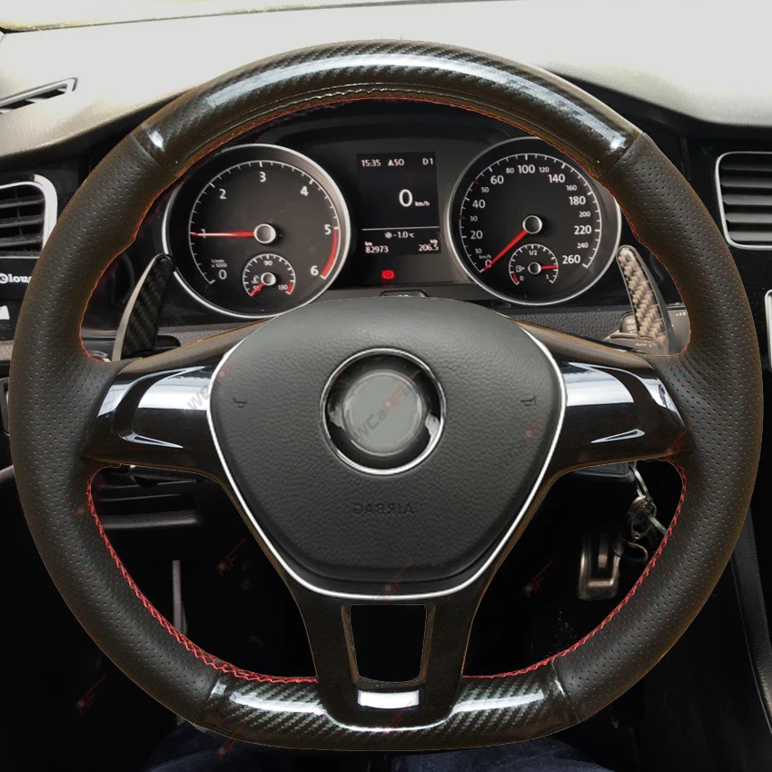 WCaRFun черная кожаная накладка на руль из углеродного волокна для Volkswagen VW Golf 7 Mk7 New