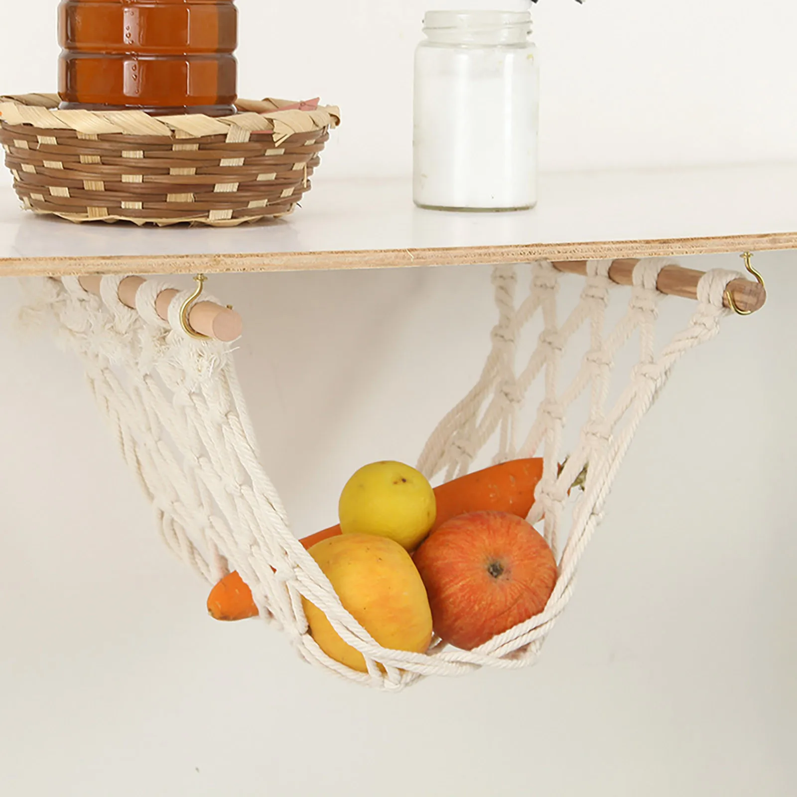 

40CM Home Kitchen Fruit Hanging Basket, Hand-woven Cotton Rope Durable Woven Storage Basket Desktop Storage Box Storage Tools