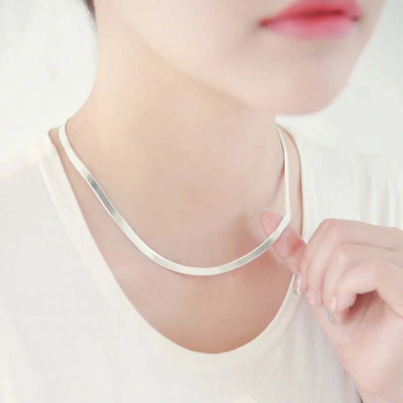 

925 Sterling Silver Color Necklace Unisex Flat Snake Link Chain Lobster Clasp Collares for Women Jewelry