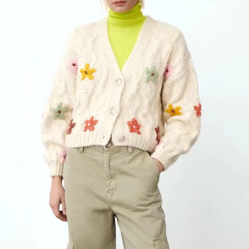 

Женский вязаный кардиган с цветочной вышивкой, винтажный однобортный свободный свитер в уличном стиле с длинным рукавом и V-образным вырезо...