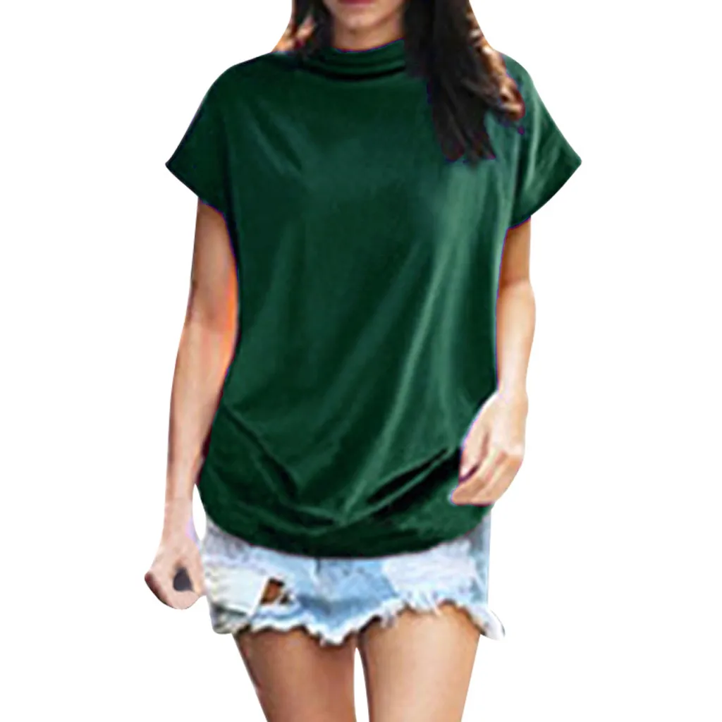 Women Plus Size Shirt Summer Tunics Korean Blouses Casual Turtleneck Loose Short Sleeve Solid Shirts #YJ |