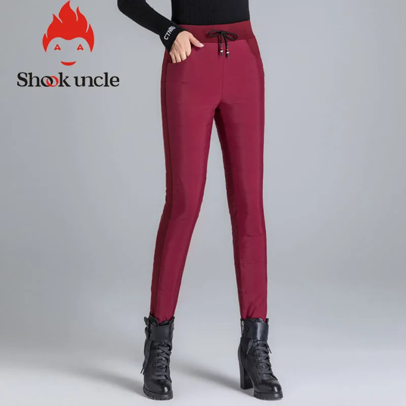 Зимние уличные женские пуховые брюки с высокой талией толстые однотонные штаны