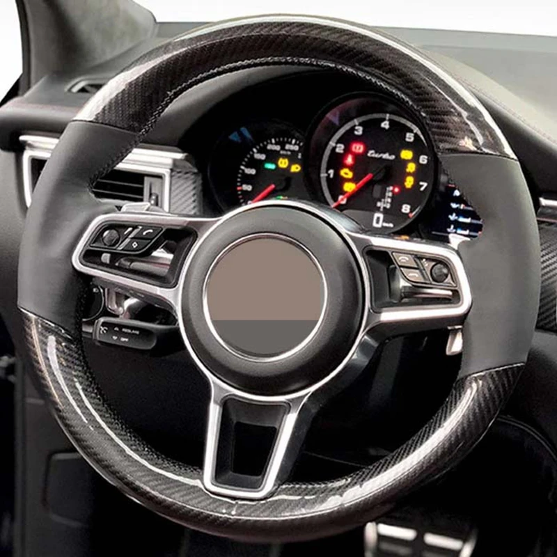 

Hand-Stitched Soft Black Carbon Fiber Genuine Leather Car Steering Wheel Covers For Porsche Macan Cayenne 2015-2016