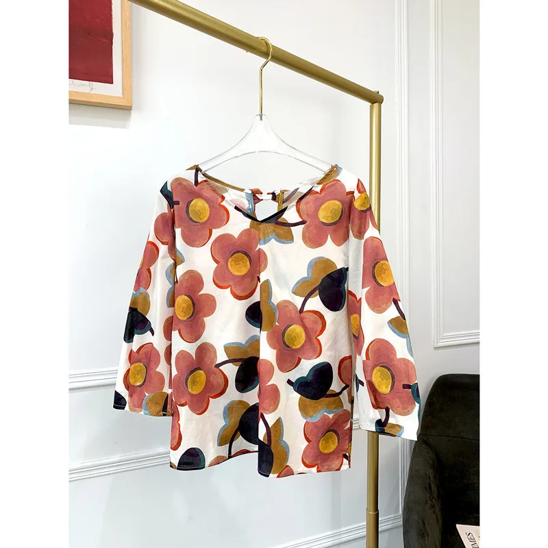 

Floral Printed Shirt Women's Cotton Bow Three Quarter Sleeve Loose Casual Summer Ladies Blouse