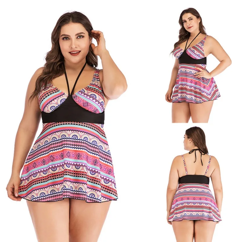 Женский купальник летний винтажный размера плюс цветочный принт на шее два