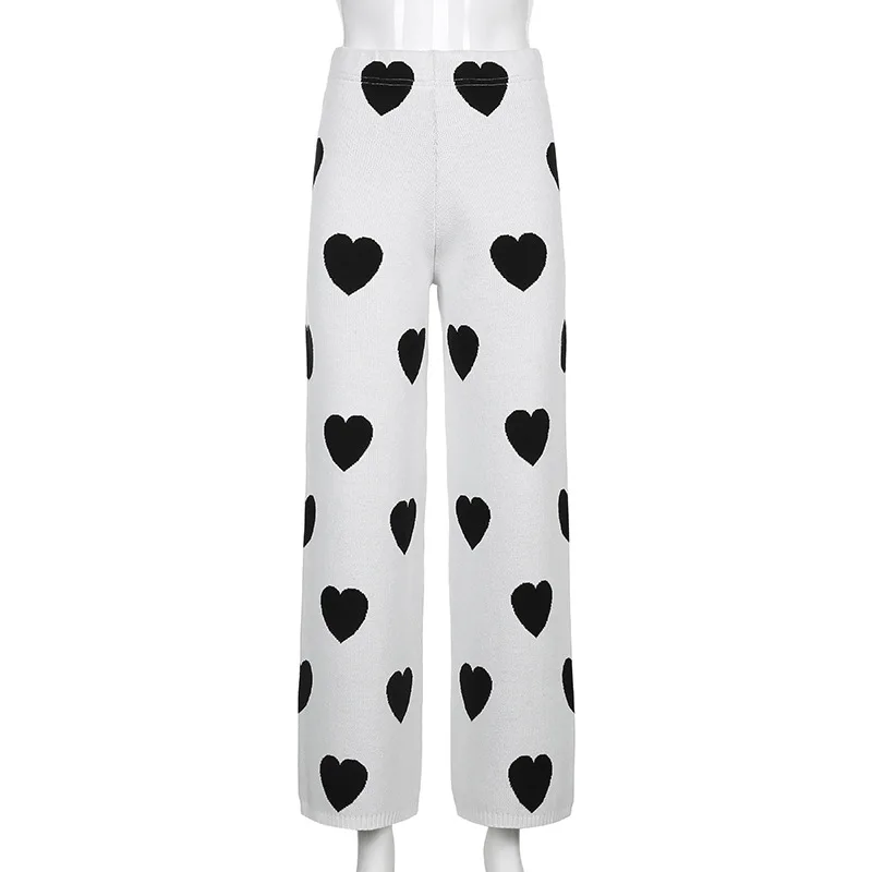 

Black Heart Knit Wide Leg Pants Women Y2K Oversized High Waist Fashion Streetwear Baggy Sweatpants Ladies White Casual Trousers