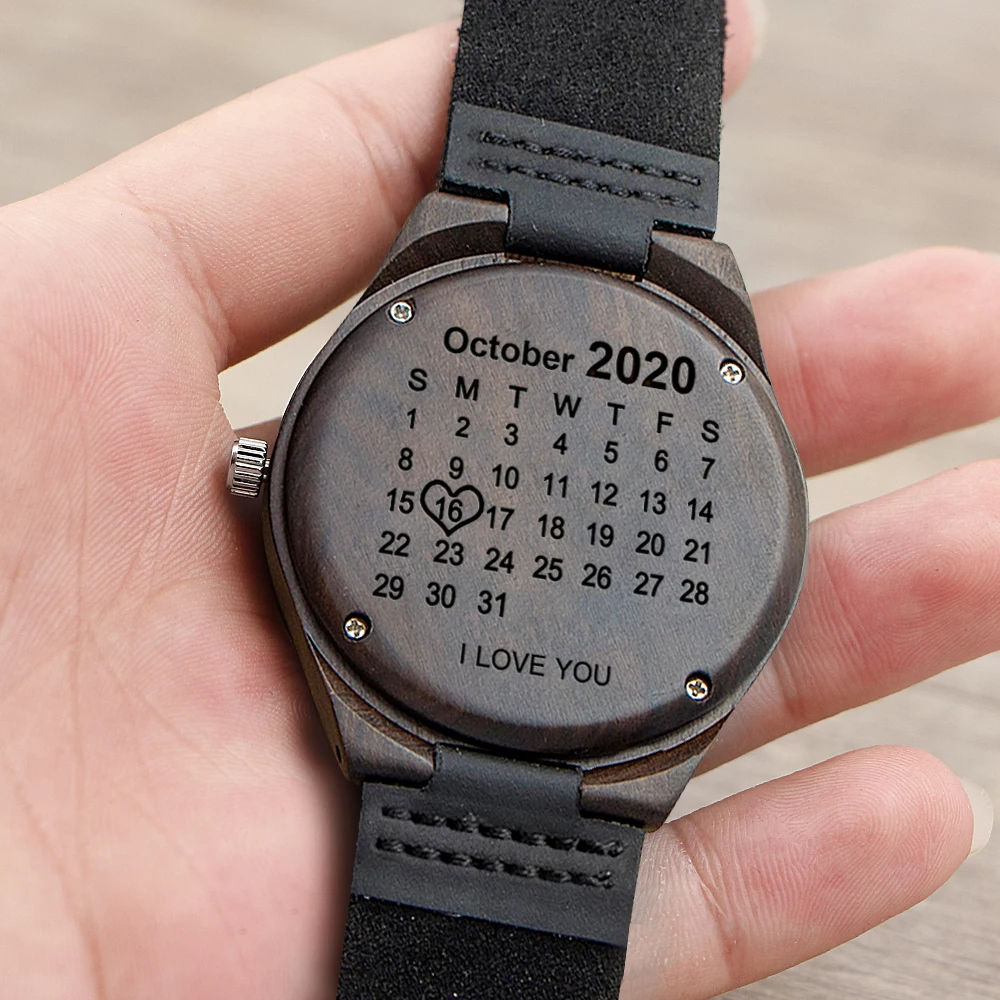 Индивидуальные деревянные часы для вашего собственного имени мужские с кожаным