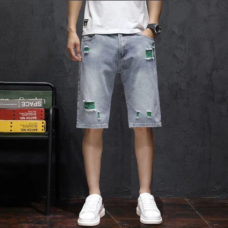 

Ripped denim summer shorts male loose plus fat plus size trendy cropped breeches middle pants thin five point pants