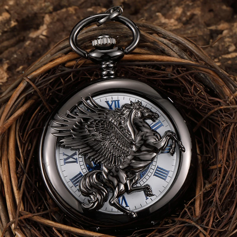 Horse Mechanical Pocket Watch Antique Roman Numerals Flying Wings Fob Chain Hanging Clock with Gift Box for Men Dropshipping