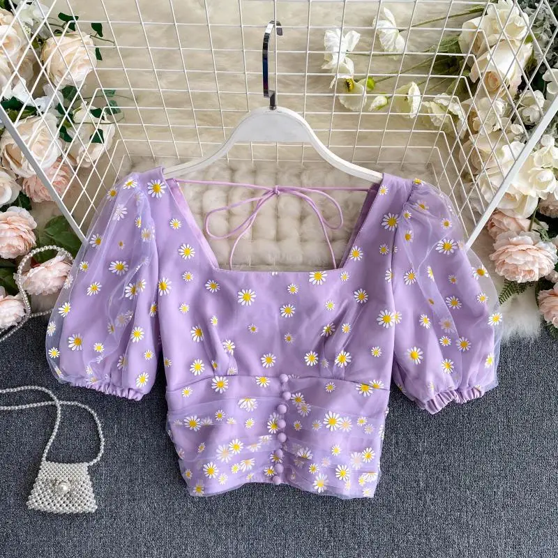 Женская блузка с цветочной вышивкой фиолетовая сетчатая пышными рукавами на