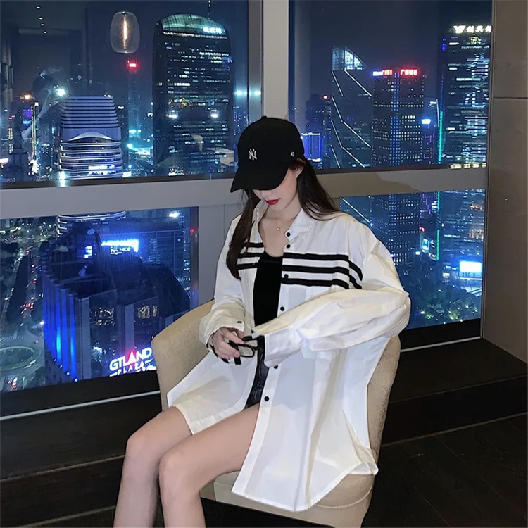 

sweet Korean style full pockets turn-down collar white loose shirts Spring and autumn Women's Clothing high quality tops fashion