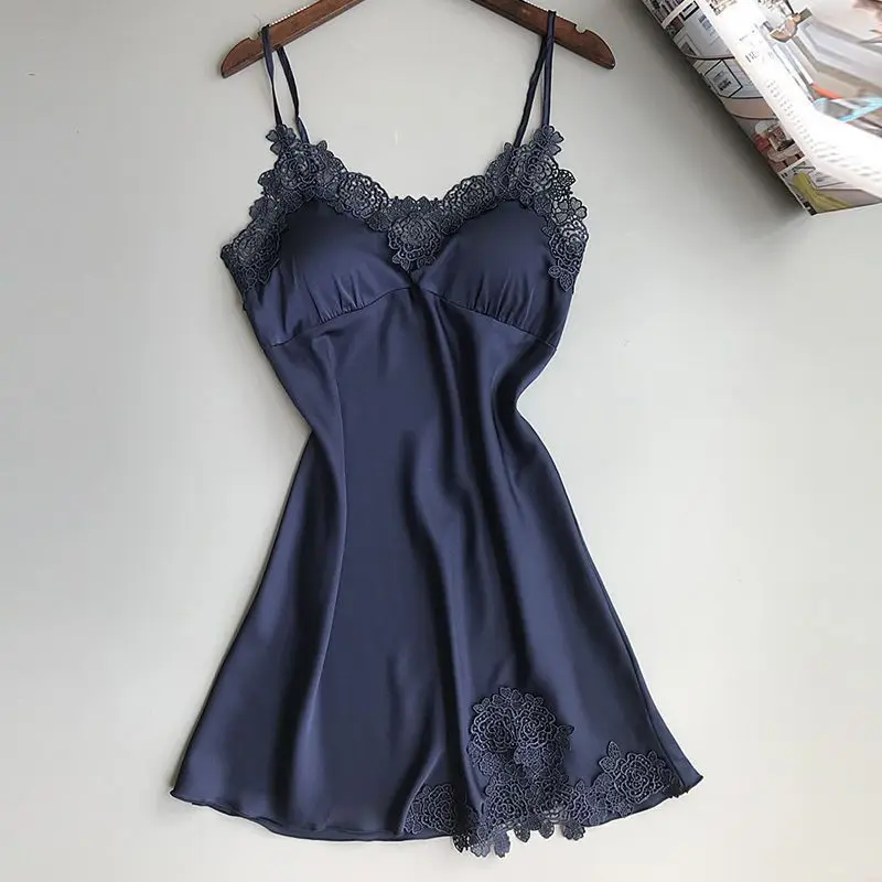 Women's Sexy Lingerie Silk Nightgown Summer Dress Lace Night Dress Sleepwear Babydoll Nightie Satin Homewear Chest Pad Nightwear
