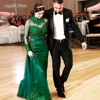 2021 emerald green mermaid prom dresses high neck illusion long sleeve appliques lace beaded arabic formal evening party gowns