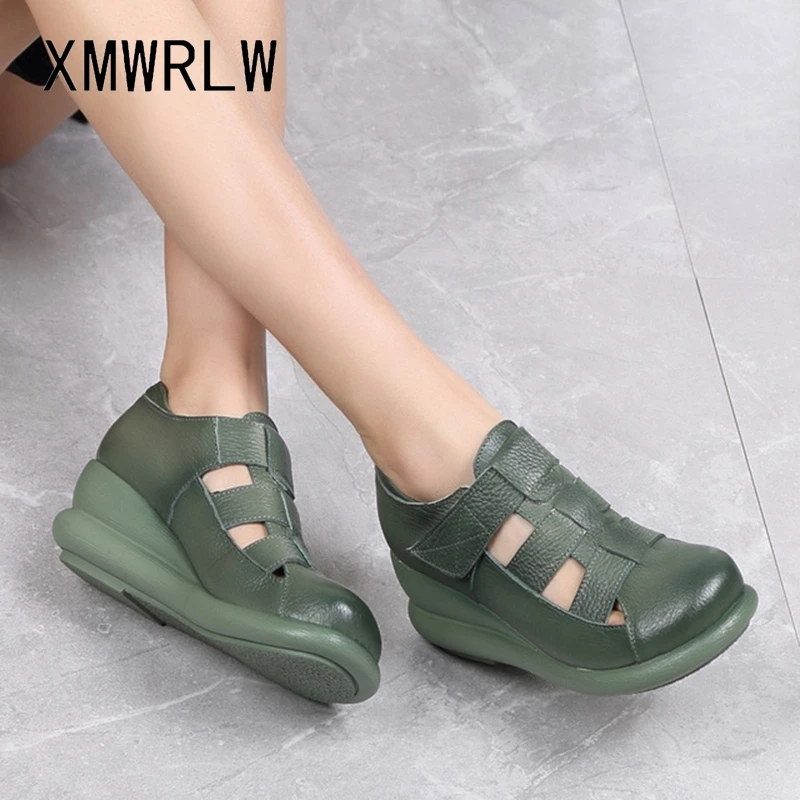 

XMWRLW Women's Sandals Summer Genuine Leather Shoes Thick Sole Wedges Ladies Retro Sandals 2020 Summer Hook & Loop Women Shoes