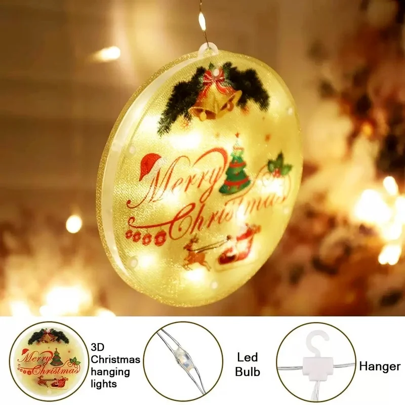 Christmas Round Wall Sticker Shop Garland Curtain String Light Festoon Snowflake Hut for Home Glass Window Decorative | Лампы и