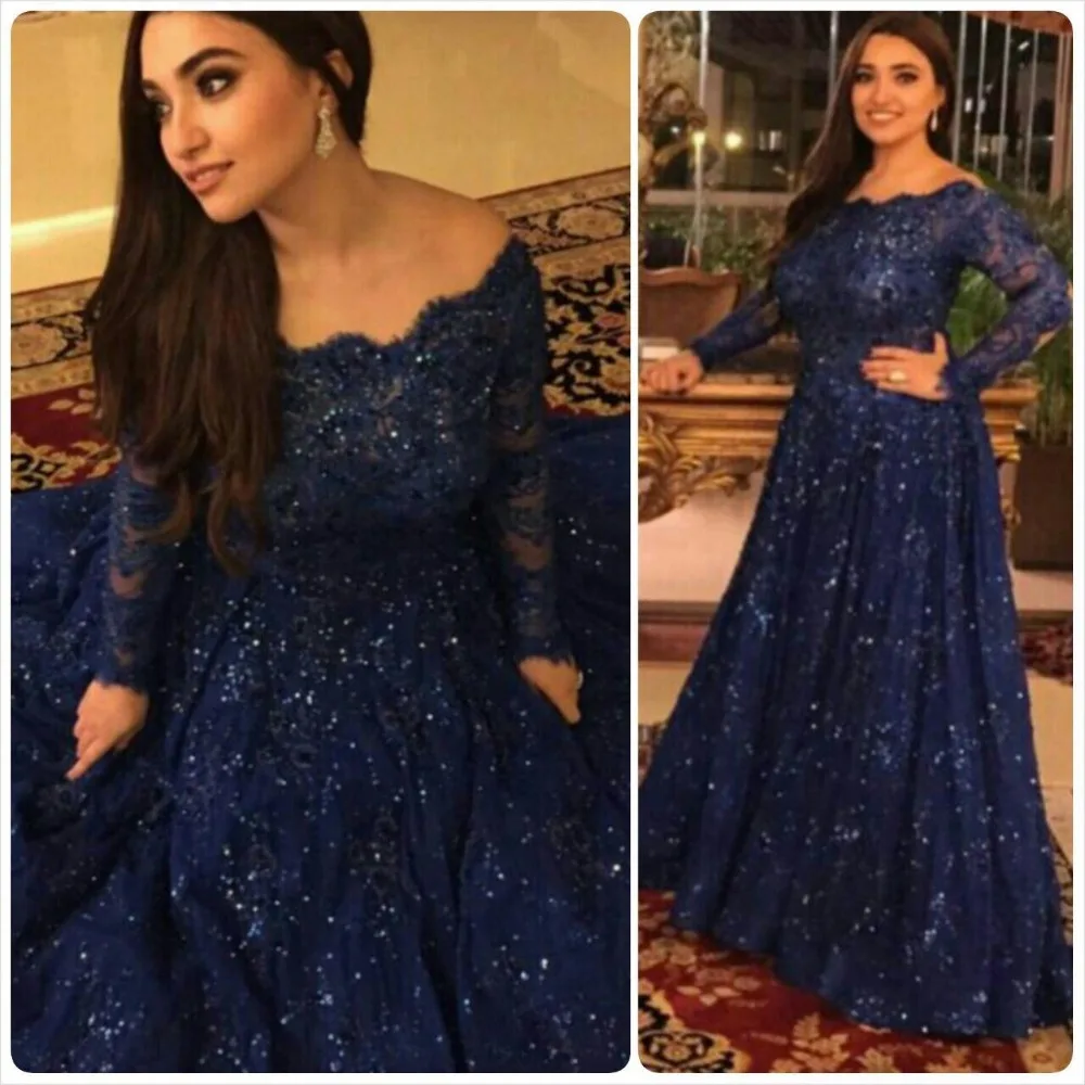 

2018 new lady Navy Blue Long Sequin Evening gown Robe Longue Blue Custom Long Sleeve Elegant Plus mother of the bride dresses