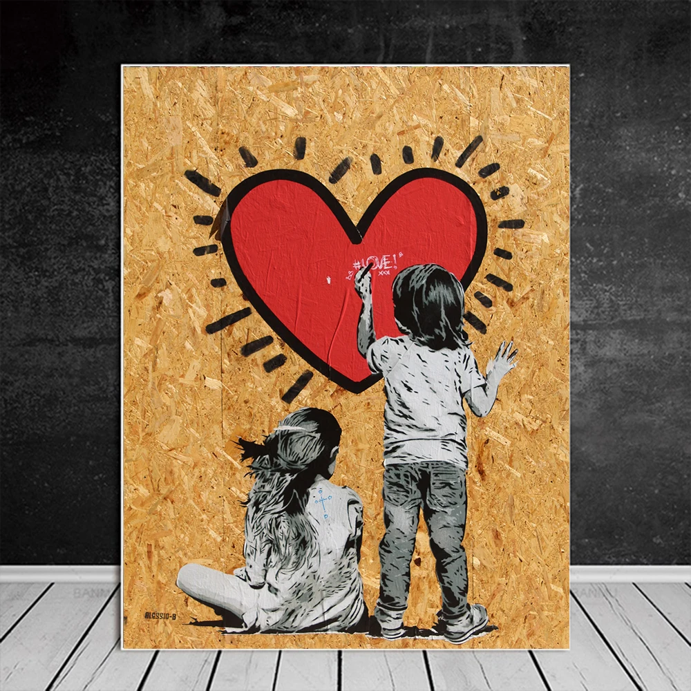 

Abstract Modern Boy and Girl Drawing the Heart Love Posters And Prints Wall Art Pictures Canvas Poster Home Decoration Painting