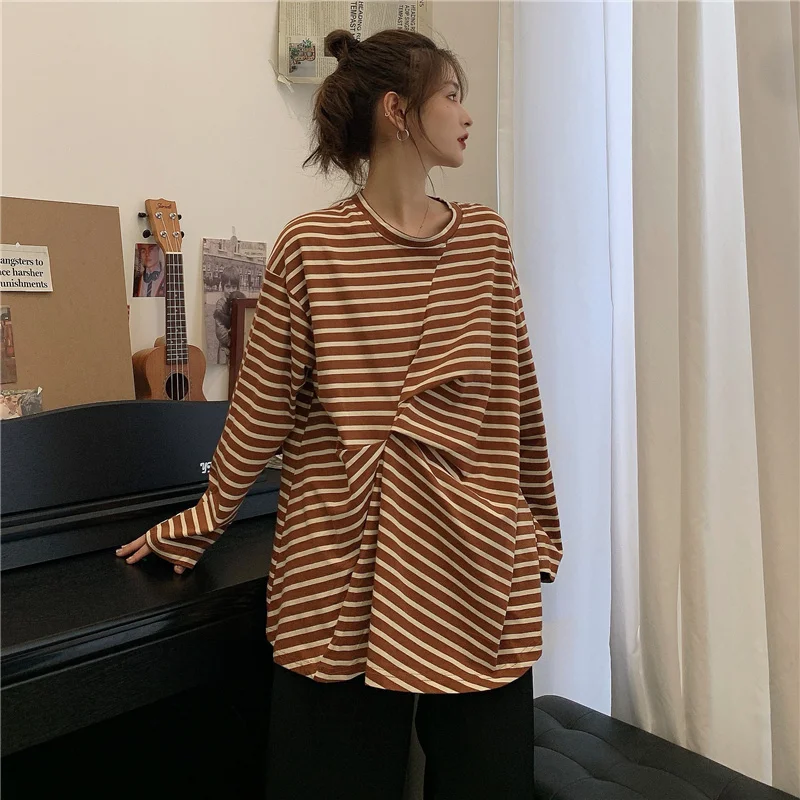 

Хлопковая скрученная Осенняя футболка в полоску с длинным рукавом