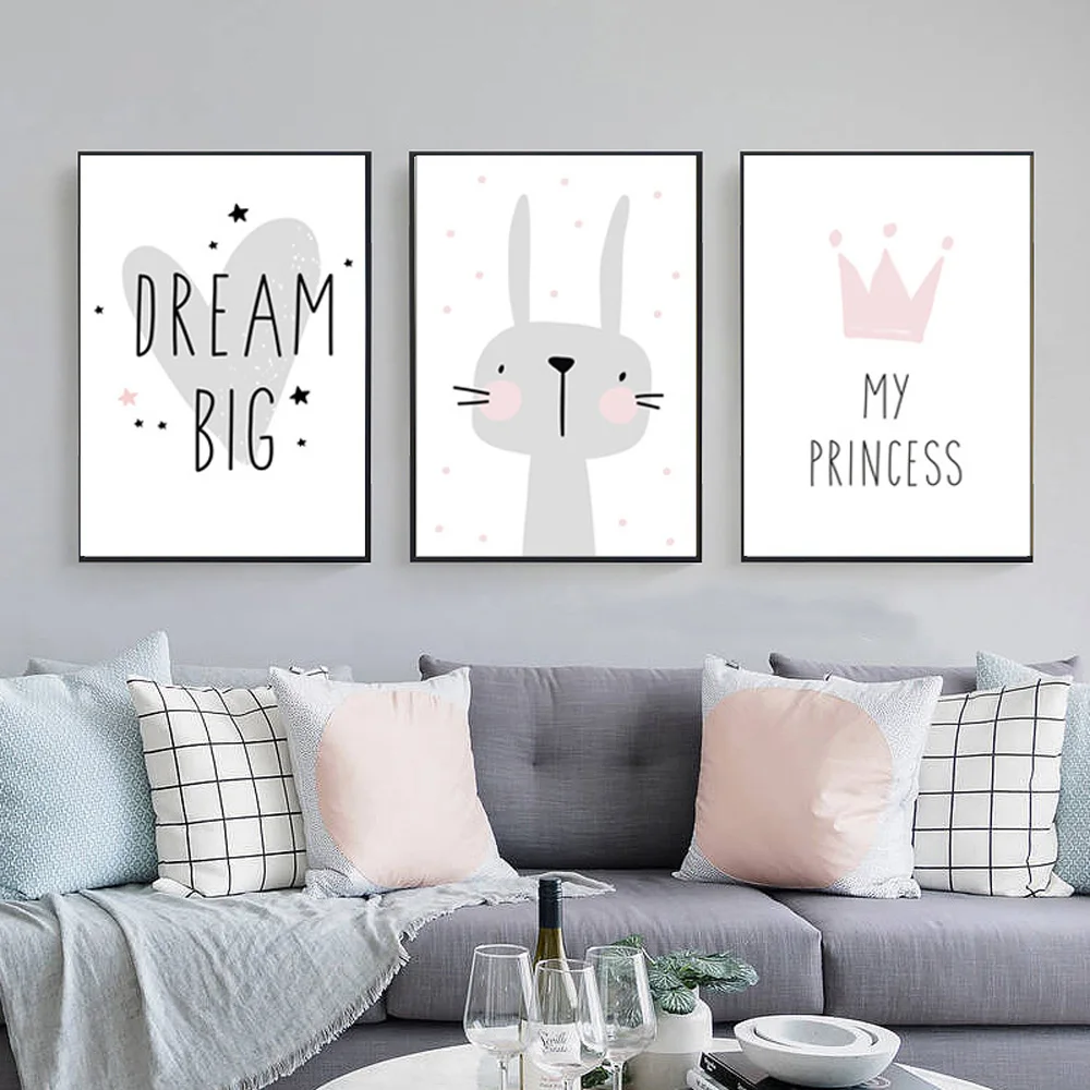 Скандинавские постеры и принты розовый мультфильм кролик животное холст