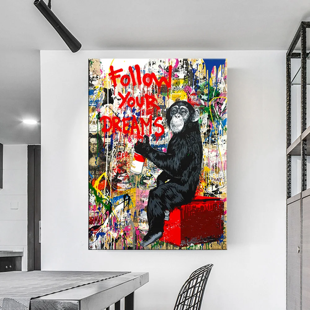 Плакат с обезьянами уличное искусство следуйте за мечтами HD Картина на холсте