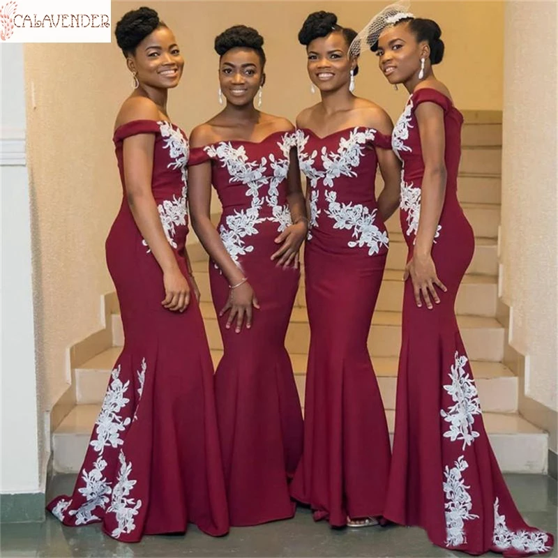 

Burgundy Mermaid Bridesmaid Dresses 2020 Off The Shoulder Appliques African Wedding Guest Dresses Customized Vestidos