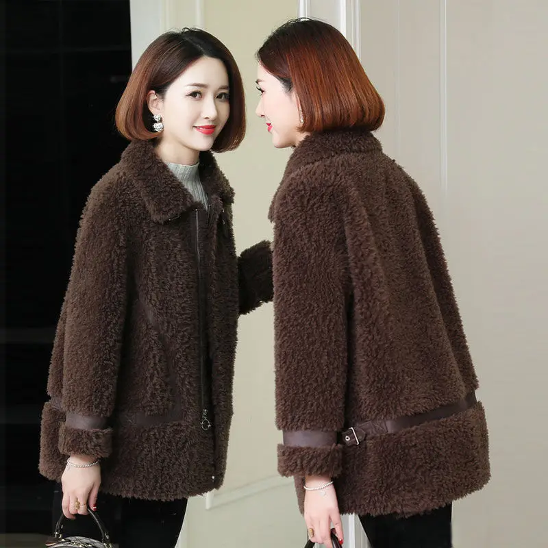 2021 Women Auutmn Winter Real Wool Fur Coats  Female Pockets Warm Thick Zipper Outwear Lady Genuine Sheep Shearing Jacket K317
