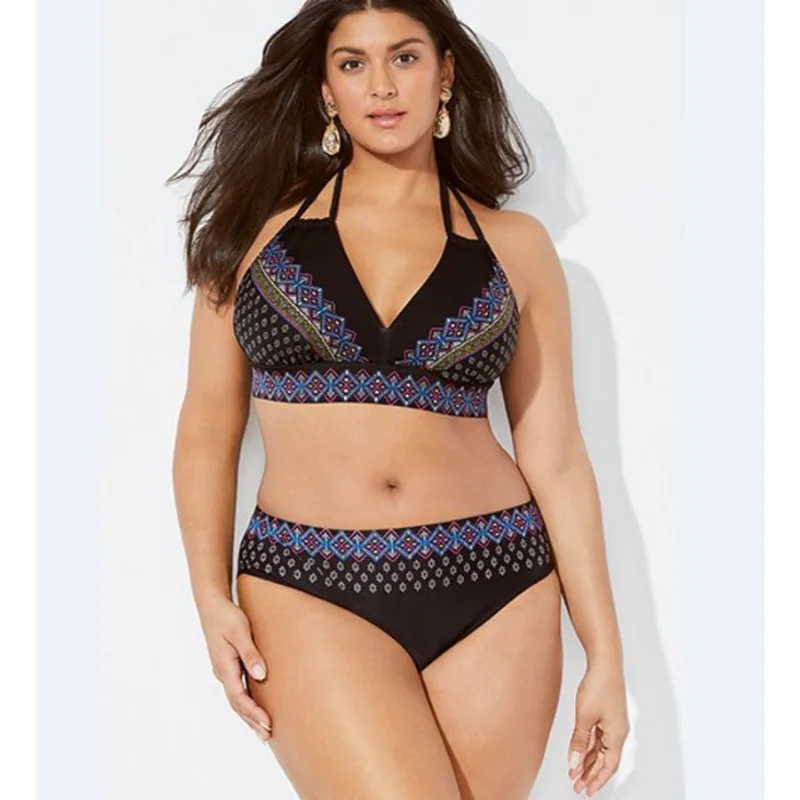 

2021 Swimwear High Waisted Two Piece Plus Size Large Size Plus Fat Printed Swimsuit Women Back Chalaza Bikini Beach Bathing Suit