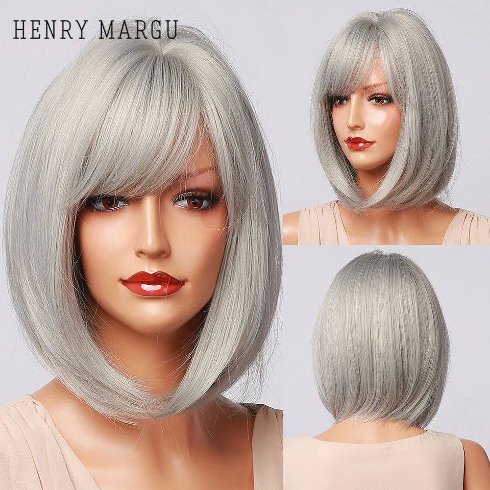 

HENRY MARGU Sliver Gray Short Bob Wigs Straight Synthetic Wigs with Bangs Cosplay Party Daily Wigs for Women Heat Resistant