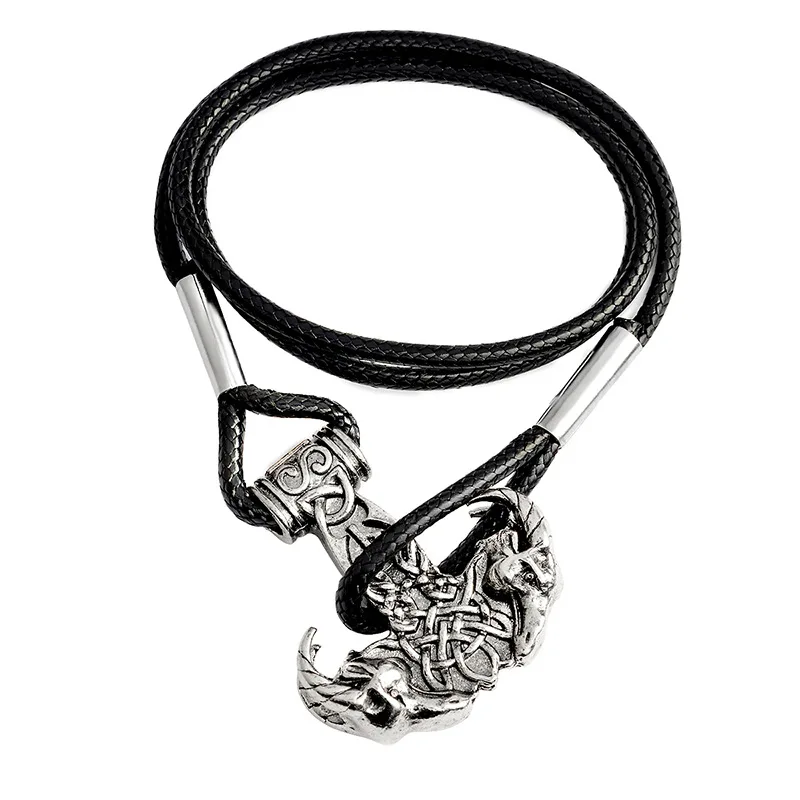 B62Silver BOYULIGE двойные топоры щит варварская голова Ворона кожаные мужские ювелирные изделия Викинги Многослойные браслеты амулет средневековый рыцарь - Окраска металла: B62Silver